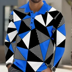 Discount OUKU Men's Abstract Geometic Polo Long Sleeve Polo Shirts Lapel Casual Athleisure Daily Wear 3D Print Buttons Spring Fall Winter Red Blue Orange