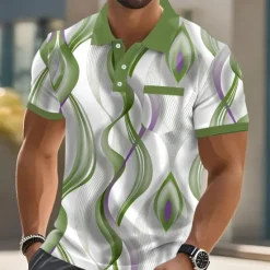 Outlet OUKU Men's Abstract Geometic Polo Short Sleeve Polo Shirts Collared Shirts Business Casual Outdoor Athleisure Daily Wear Pocket 3D Print Buttons Summer Blue Purple Green