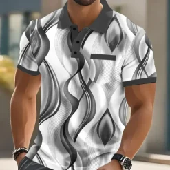 Outlet OUKU Men's Abstract Geometic Polo Short Sleeve Polo Shirts Collared Shirts Business Casual Outdoor Athleisure Daily Wear Pocket 3D Print Buttons Summer Blue Purple Green
