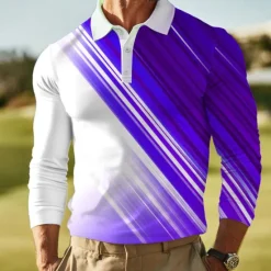 Online OUKU Men's Abstract Geometic Polo Long Sleeve Polo Shirts Lapel Casual Outdoor Athleisure Daily Wear 3D Print Buttons Spring Fall Winter Red Blue Purple