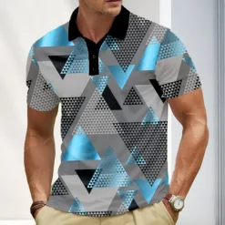 Clearance OUKU Men's Abstract Geometic Polo Short Sleeve Polo Shirts Lapel Business Casual Business Athleisure 3D Print Buttons Summer Blue Gold Green