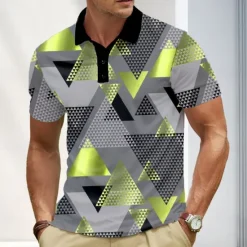 Clearance OUKU Men's Abstract Geometic Polo Short Sleeve Polo Shirts Lapel Business Casual Business Athleisure 3D Print Buttons Summer Blue Gold Green