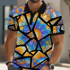 Discount OUKU Men's Abstract Geometic Polo Short Sleeve Polo Shirts Collared Shirts Casual Athleisure Daily Wear Streetwear Buttons Summer Blue Purple Orange