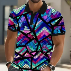 Discount OUKU Men's Abstract Geometic Polo Short Sleeve Polo Shirts Collared Shirts Casual Athleisure Daily Wear Streetwear Buttons Summer Blue Purple Orange