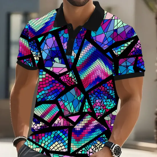 Discount OUKU Men's Abstract Geometic Polo Short Sleeve Polo Shirts Collared Shirts Casual Athleisure Daily Wear Streetwear Buttons Summer Blue Purple Orange