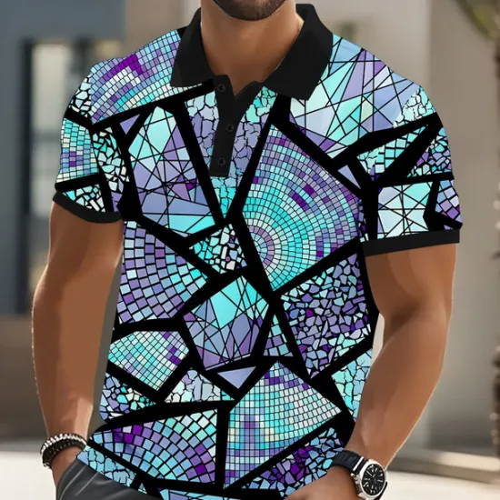 Discount OUKU Men's Abstract Geometic Polo Short Sleeve Polo Shirts Collared Shirts Casual Athleisure Daily Wear Streetwear Buttons Summer Blue Purple Orange