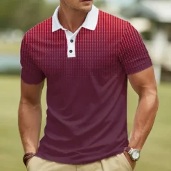 Hot OUKU Men's Abstract Geometic Polo Short Sleeve Polo Shirts Lapel Business Casual Business Athleisure 3D Print Buttons Summer Red Dark Navy Blue