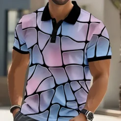 Clearance OUKU Men's Abstract Geometic Polo Short Sleeve Polo Shirts Collared Shirts Casual Street Athleisure Daily Wear 3D Print Buttons Summer Yellow Blue Purple