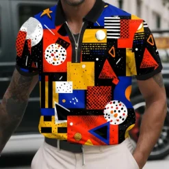 OUKU Men's Abstract Geometic Zip Polo Shirts Short Sleeve Polo Shirts Collared Shirts Casual Athleisure Daily Wear 3D Print Summer Yellow Red Blue