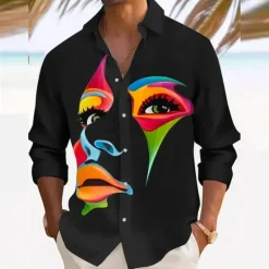 Hot OUKU Men's Abstract Shirt Button Up Shirt Long Sleeve Abstract Daily Wear Going out Weekend Fall & Winter Turndown Print Button-Down Black Blue Rainbow