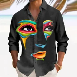 Hot OUKU Men's Abstract Shirt Button Up Shirt Long Sleeve Abstract Daily Wear Going out Weekend Fall & Winter Turndown Print Button-Down Black Blue Rainbow