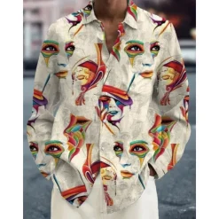 Hot OUKU Men's Abstract Shirt Button Up Shirt Long Sleeve Abstract Daily Wear Going out Weekend Fall & Winter Turndown Print Button-Down Black Blue Rainbow