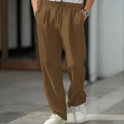 Hot OUKU Men's Active Linen Pants Trousers Chinos Solid Color Full Length Formal Wedding Party Cotton Elegant Vacation Light Green Micro-elastic Brown
