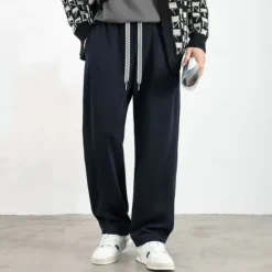 Online OUKU Men's Active Pants Wide Leg Sweatpants Elastic Waist Woven Solid Color Geometric Full Length Outdoor Casual Daily Sports Fashion Navy Blue Beige Micro-elastic