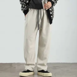 Online OUKU Men's Active Pants Wide Leg Sweatpants Elastic Waist Woven Solid Color Geometric Full Length Outdoor Casual Daily Sports Fashion Navy Blue Beige Micro-elastic