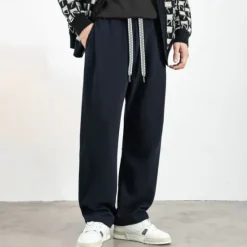 Online OUKU Men's Active Pants Wide Leg Sweatpants Elastic Waist Woven Solid Color Geometric Full Length Outdoor Casual Daily Sports Fashion Navy Blue Beige Micro-elastic