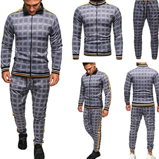 Best OUKU men's activewear sets - winter long sleeve classic plaid tracksuit - full-zip sweatshirt jacket with pants for mens - stylish sportswear for men gym - xmas gifts for men