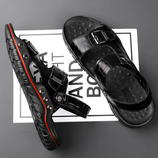 Clearance OUKU Men's Adjustable Buckle Strap Sandals – Stylish Crocodile-Pattern Design, Cushioned Sole, Durable Outdoor Summer Footwear for Casual and Travel Use