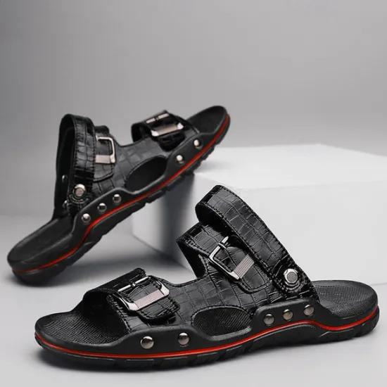 Clearance OUKU Men's Adjustable Buckle Strap Sandals – Stylish Crocodile-Pattern Design, Cushioned Sole, Durable Outdoor Summer Footwear for Casual and Travel Use