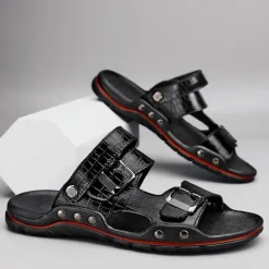 Clearance OUKU Men's Adjustable Buckle Strap Sandals – Stylish Crocodile-Pattern Design, Cushioned Sole, Durable Outdoor Summer Footwear for Casual and Travel Use