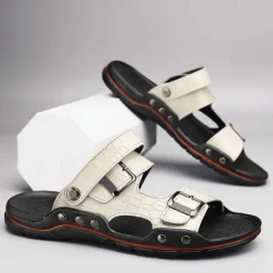 Clearance OUKU Men's Adjustable Buckle Strap Sandals – Stylish Crocodile-Pattern Design, Cushioned Sole, Durable Outdoor Summer Footwear for Casual and Travel Use