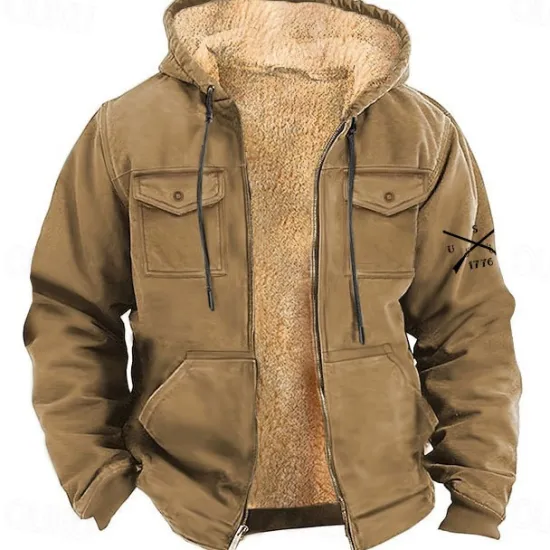 OUKU Men's American / USA Cowboy Patriotic Fleece Hoodie Hoodies Fashion Cool Long Sleeve Hooded Holiday Streetwear Brown Army Green Zipper Pocket Fall Winter Designer