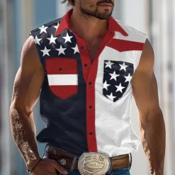 Sale OUKU Men's American / USA National Flag Shirt Western Shirt Cowboy Shirt Sleeveless Western Style Outdoor Party Summer Spring Shirt Collar White