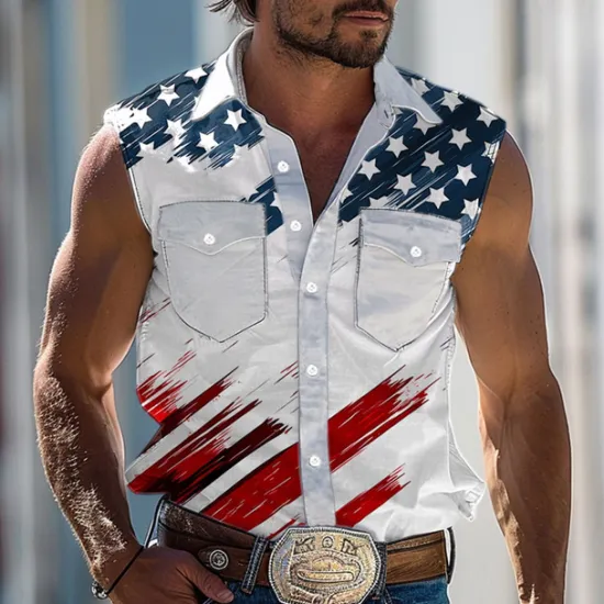 Sale OUKU Men's American / USA National Flag Shirt Western Shirt Cowboy Shirt Sleeveless Western Style Outdoor Work Causal Summer Spring Shirt Collar White