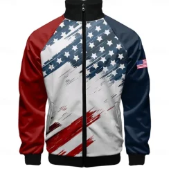 OUKU Men's American Flag Bomber Jacket Coat Breathable Comfortable Dailywear Zipper Side Pockets 3D Print Spring Fall Winter Standing Collar Long Sleeve Blue