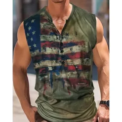 Online OUKU Men's American Flag Tank Top Henley Shirt Sleeveless Vintage Fashion Designer Outdoor Casual Daily Summer Spring & Fall Green Brown Gray Henley Henley T-Shirt