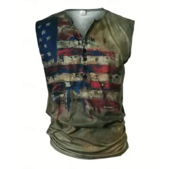 Online OUKU Men's American Flag Tank Top Henley Shirt Sleeveless Vintage Fashion Designer Outdoor Casual Daily Summer Spring & Fall Green Brown Gray Henley Henley T-Shirt