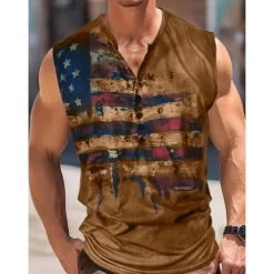 Online OUKU Men's American Flag Tank Top Henley Shirt Sleeveless Vintage Fashion Designer Outdoor Casual Daily Summer Spring & Fall Green Brown Gray Henley Henley T-Shirt
