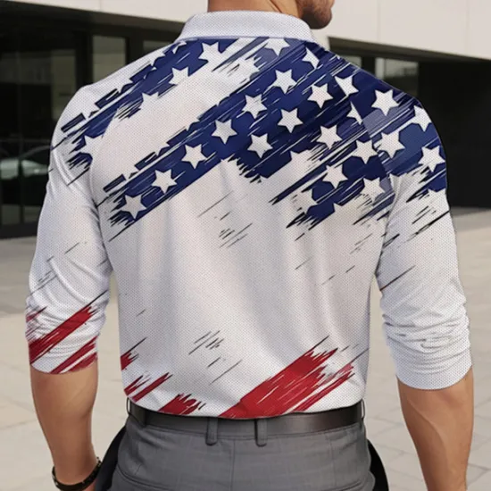 Clearance OUKU Men's American Flag Veterans Polo Shirts Golf Polos Shirts Long Sleeve Polo Shirts Collar Vacation Party Evening Wear Dailywear Zipper 3D Print Spring Fall & Winter Blue