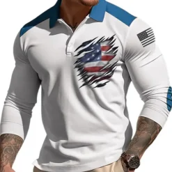 Best OUKU Men's American Flag Veterans Polo Shirts Golf Shirt Long Sleeve Polo Shirts Collared Shirts Casual Streetwear Vacation Wear Party Outfits Buttons 3D Print Yellow Blue Green