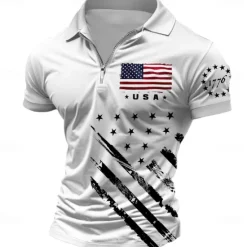 Best OUKU Men's American Flag Veterans Zip Polo Shirts Golf Shirt Short Sleeve Polo Shirts Collared Shirts Streetwear Vacation Wear Party Outfits 3D Print Quarter Zip Polo Spring & Summer White Blue
