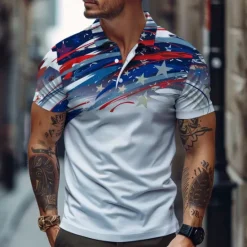 New OUKU Men's American Flag Veterans Polo Shirts Golf Shirt Short Sleeve Polo Shirts Collared Shirts Casual Vacation Wear Party Outfits Buttons 3D Print Spring & Summer Black White