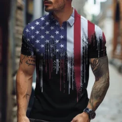 New OUKU Men's American Flag Veterans Polo Shirts Golf Shirt Short Sleeve Polo Shirts Collared Shirts Casual Vacation Wear Party Outfits Buttons 3D Print Spring & Summer Black White