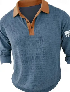Hot OUKU Men's American Flag Veterans Golf Shirt Long Sleeve Polo Shirts Collared Shirts Casual Vacation Wear Party Outfits Buttons 3D Print Spring & Summer Blue Green Khaki