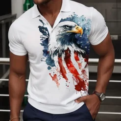 Hot OUKU Men's American Flag Veterans Golf Shirt Short Sleeve Polo Shirts Collared Shirts Casual Streetwear Vacation Wear Party Outfits Buttons 3D Print Summer White