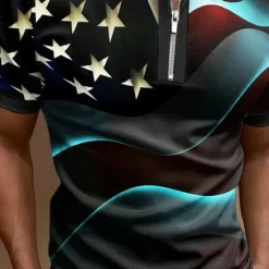 Online OUKU Men's American Flag Veterans Zip Polo Shirts Golf Shirt Short Sleeve Polo Shirts Collared Shirts Casual Streetwear Vacation Wear Party Outfits 3D Print Quarter Zip Polo Black White Black / Purple