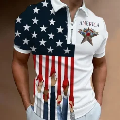 Online OUKU Men's American Flag Veterans Zip Polo Shirts Golf Shirt Short Sleeve Polo Shirts Collared Shirts Casual Streetwear Vacation Wear Party Outfits 3D Print Quarter Zip Polo Black White Black / Purple