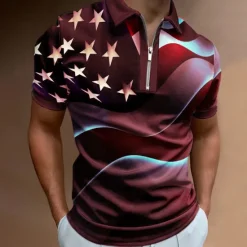 Online OUKU Men's American Flag Veterans Zip Polo Shirts Golf Shirt Short Sleeve Polo Shirts Collared Shirts Casual Streetwear Vacation Wear Party Outfits 3D Print Quarter Zip Polo Black White Black / Purple
