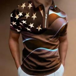 Online OUKU Men's American Flag Veterans Zip Polo Shirts Golf Shirt Short Sleeve Polo Shirts Collared Shirts Casual Streetwear Vacation Wear Party Outfits 3D Print Quarter Zip Polo Black White Black / Purple
