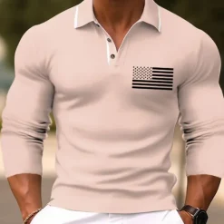 Hot OUKU Men's American Flag Veterans Golf Shirt Long Sleeve Polo Shirts Collared Shirts Casual Vacation Wear Party Outfits Buttons 3D Print Fall & Winter Black Pink Green