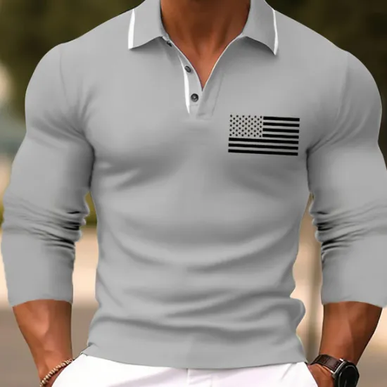 Hot OUKU Men's American Flag Veterans Golf Shirt Long Sleeve Polo Shirts Collared Shirts Casual Vacation Wear Party Outfits Buttons 3D Print Fall & Winter Black Pink Green