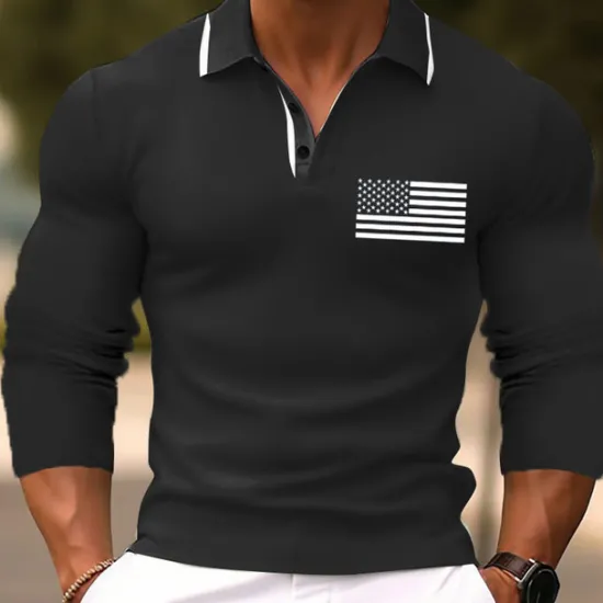 Hot OUKU Men's American Flag Veterans Golf Shirt Long Sleeve Polo Shirts Collared Shirts Casual Vacation Wear Party Outfits Buttons 3D Print Fall & Winter Black Pink Green
