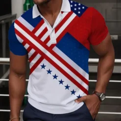 OUKU Men's American Flag Veterans Polo Shirts Golf Shirt Short Sleeve Polo Shirts Collared Shirts Streetwear Vacation Wear Party Outfits Buttons 3D Print Spring & Summer White Blue