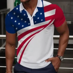 OUKU Men's American Flag Veterans Polo Shirts Golf Shirt Short Sleeve Polo Shirts Collared Shirts Streetwear Vacation Wear Party Outfits Buttons 3D Print Spring & Summer White Blue