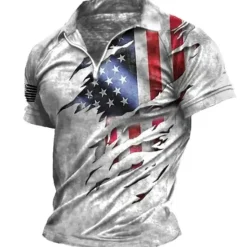 OUKU Men's American Flag Veterans Zip Polo Shirts Golf Shirt Short Sleeve Polo Shirts Collared Shirts Casual Streetwear Vacation Wear Party Outfits 3D Print Quarter Zip Polo Black-White Black Red