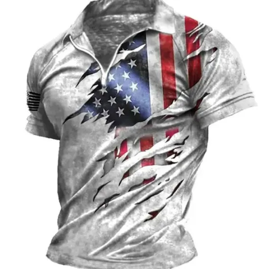 OUKU Men's American Flag Veterans Zip Polo Shirts Golf Shirt Short Sleeve Polo Shirts Collared Shirts Casual Streetwear Vacation Wear Party Outfits 3D Print Quarter Zip Polo Black-White Black Red